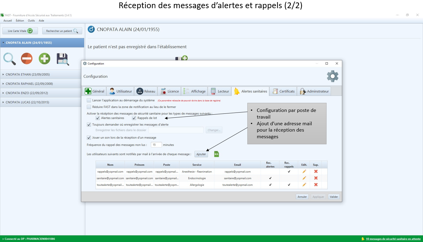 Réception des messages d'alertes et rappels