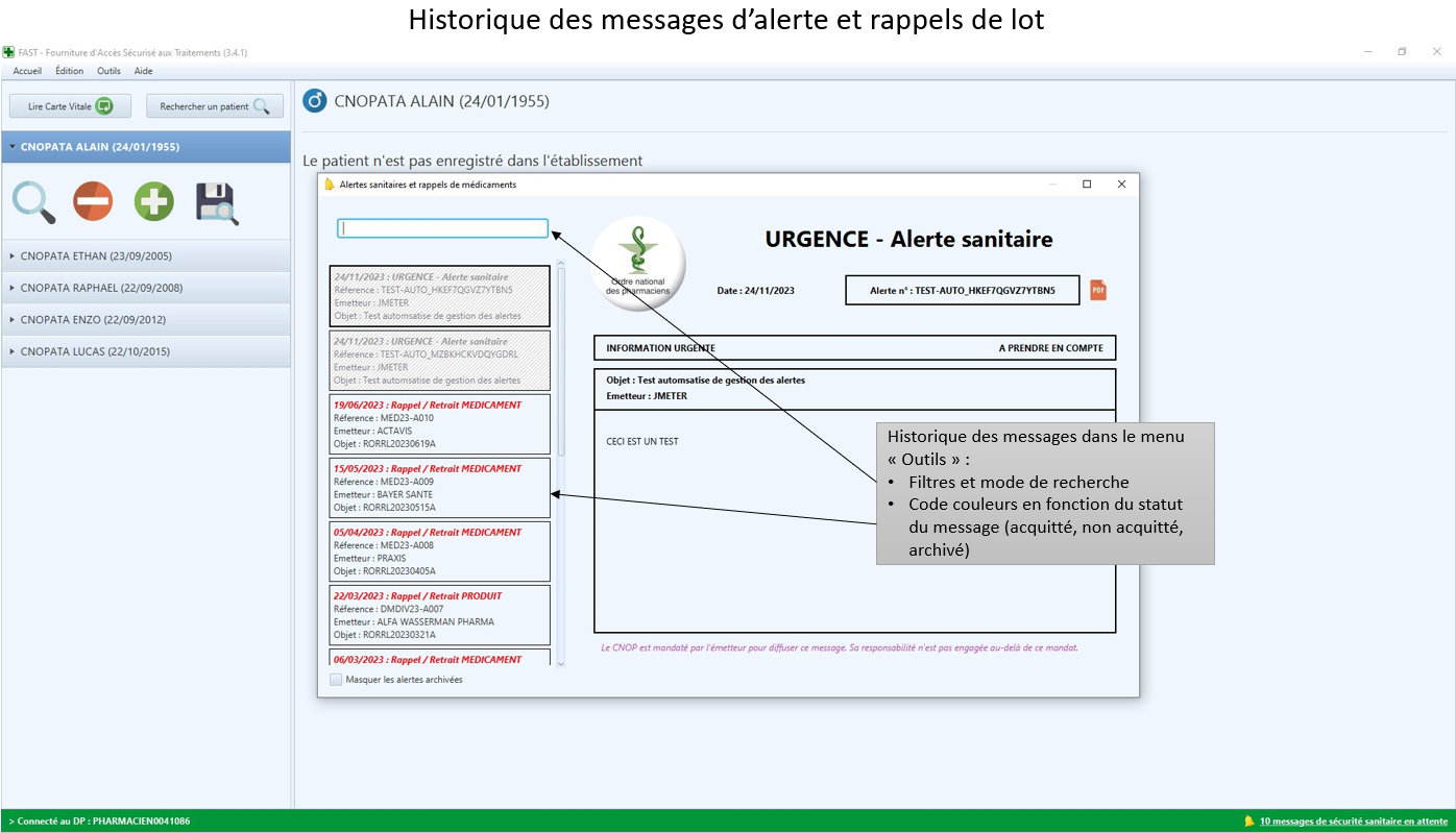 Hisorique des messages d'alertes et rappels de lot